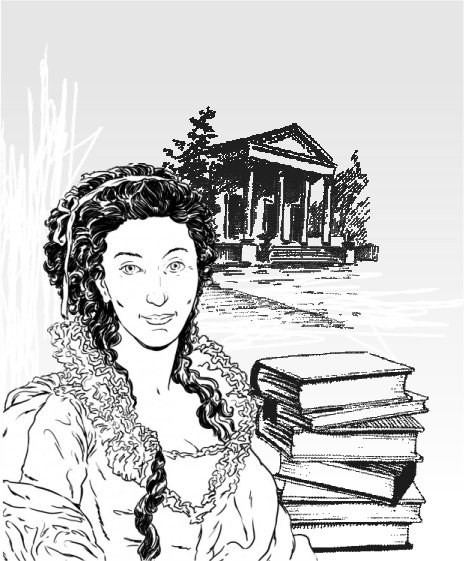 Grafika przedstawia Księżną Izabelę Czartoryską, książki i Domek Grecki
