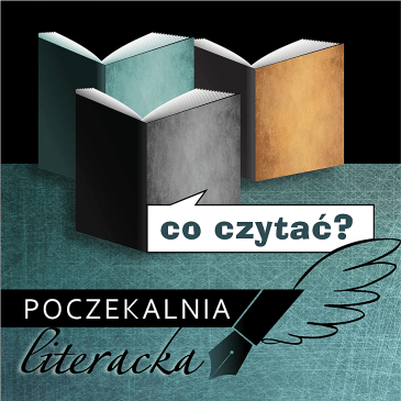 Stojące na ciemnym morskim tle, półotwarte trzy książki. Na pierwszym planie książka z szaro-czarną okładką, za nią zielona i w kolorze brudnej żółci. Za nimi czarne tło. Poniżej w białym dymku napis "co czytać?", Jeszcze niżej napis: "poczekalnia literacka" ozdobiony stalówką pióra z obrysem skrzydła.