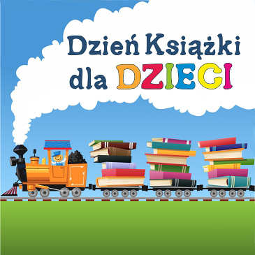 Na szynach, lokomotywa ciągnąca wagony pełne kolorowych książek. Z komina lokomotywy unosi się para, na niej napis "dzień książki dla dzieci".