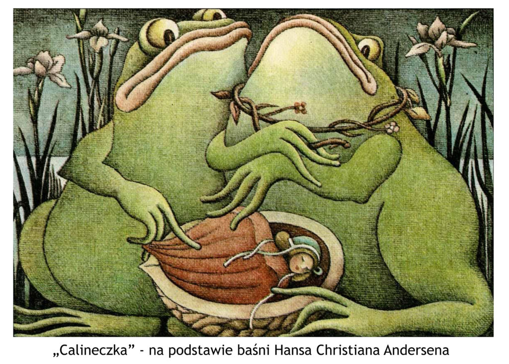 Strona tytułowa teatrzyku kamishibai pt. "Calineczka" - na podstawioe basni Hansa Chistiana Andersena. Dwie ropuchy siedzą na kołyską z łupiny orzecha włoskiego, w którym śpi, przykryta liściem, mała dziewczynka. Za ropuchami wysokie lilie, krajobraz sugeruje otoczenie wodne.