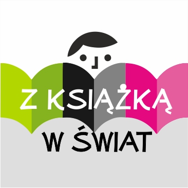 Kolorowa falbanka przedstawiająca otwartą książkę zza której wyłania się buzia dziecka. Napis "Z książką w świat"