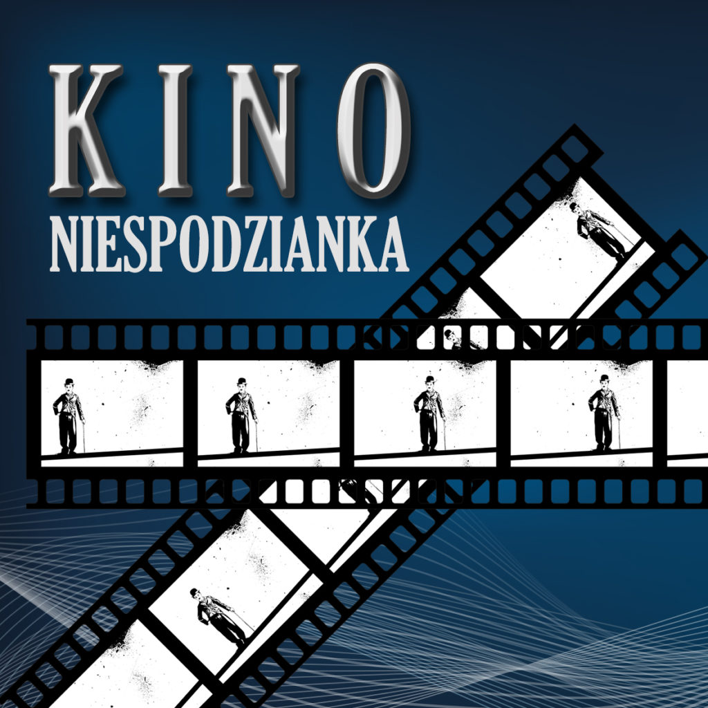 Grafika informująca o spotkaniu. Na granatowym tle klisza filmowa. Powyżej napis Kino Niespodzianka