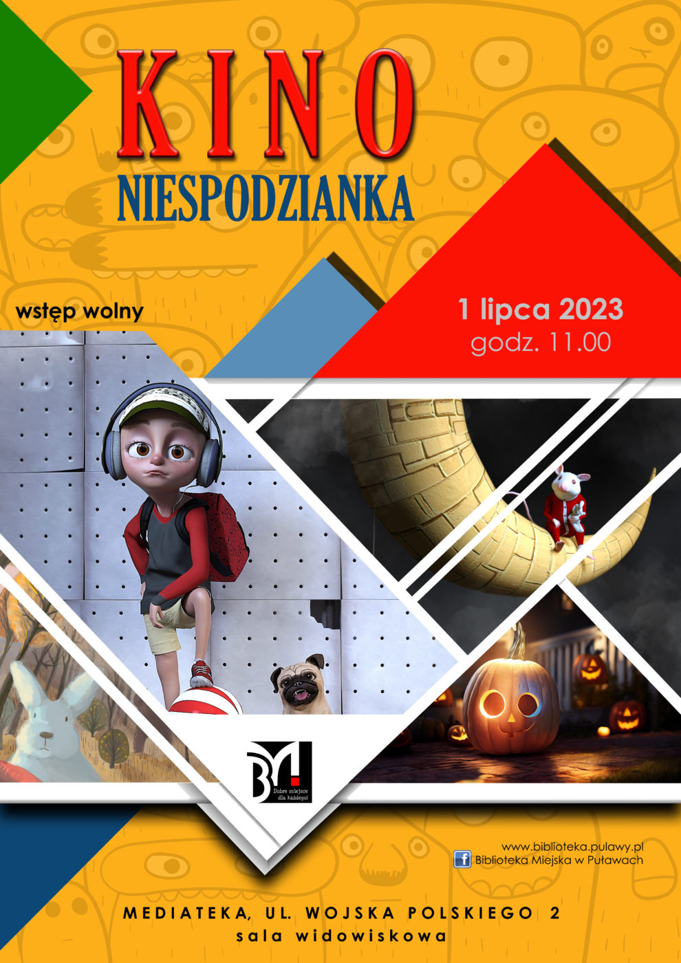 Plakat informujący o seansie filmowym dla dzieci w ramach cyklu Kino Niespodzianka. Termin: 1 lipca 2023, godz. 11.00, Mediateka, ul. Wojska Polskiego 2.