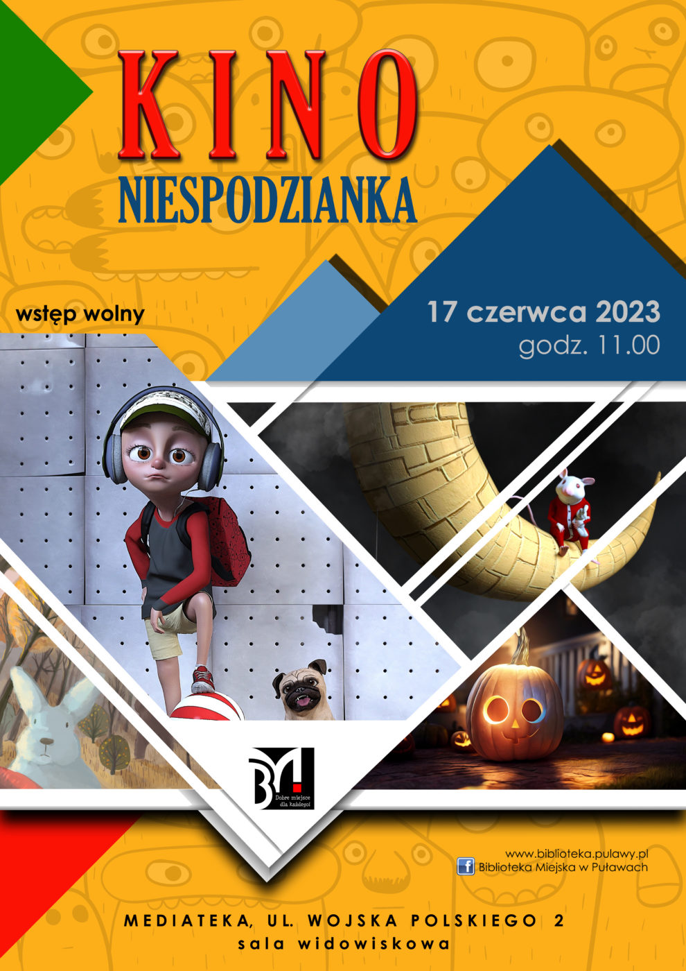 Plakat informujący o seansie filmowym dla dzieci w ramach cyklu Kino Niespodzianka. 17 czerwca 2023, godz. 11.00, Mediateka, ul. Wojska Polskiego 2.