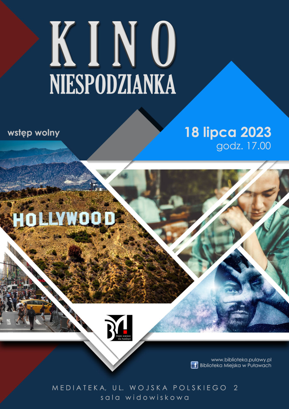 Plakat informujący o seansie filmowym dla dorosłych w ramach cyklu Kino Niespodzianka. Termin: 18 lipca 2023, godz. 17.00, Mediateka, ul. Wojska Polskiego 2.