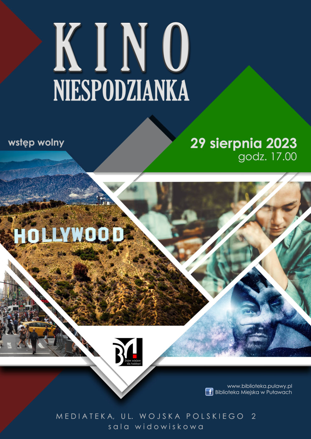 Plakat informacyjny zapraszający na pokaz filmowy da dorosłych. Tekst: Kino Niespodzianka, 29 sierpnia 2023, godz. 17.00, wstęp wolny. Mediateka, ul. Wojska Polskiego 2, sala widowiskowa.