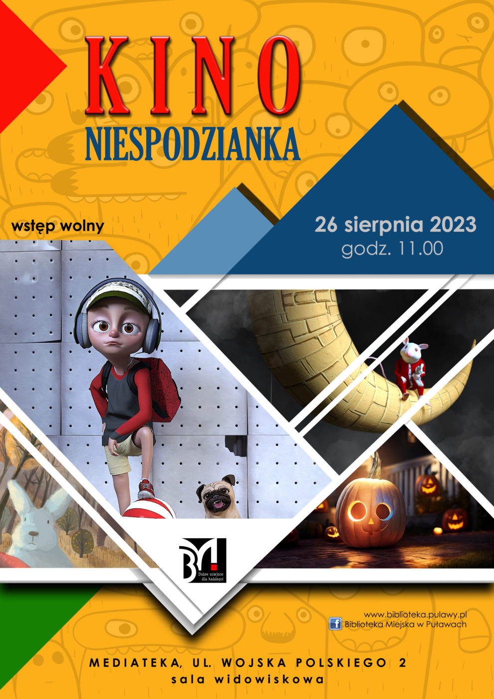 Plakat informacyjny zapraszający na pokaz filmowy. Tekst: Kino Niespodzianka, 26 sierpnia 2023, godz. 11.00, wstęp wolny. Mediateka, ul. Wojska Polskiego 2, sala widowiskowa.