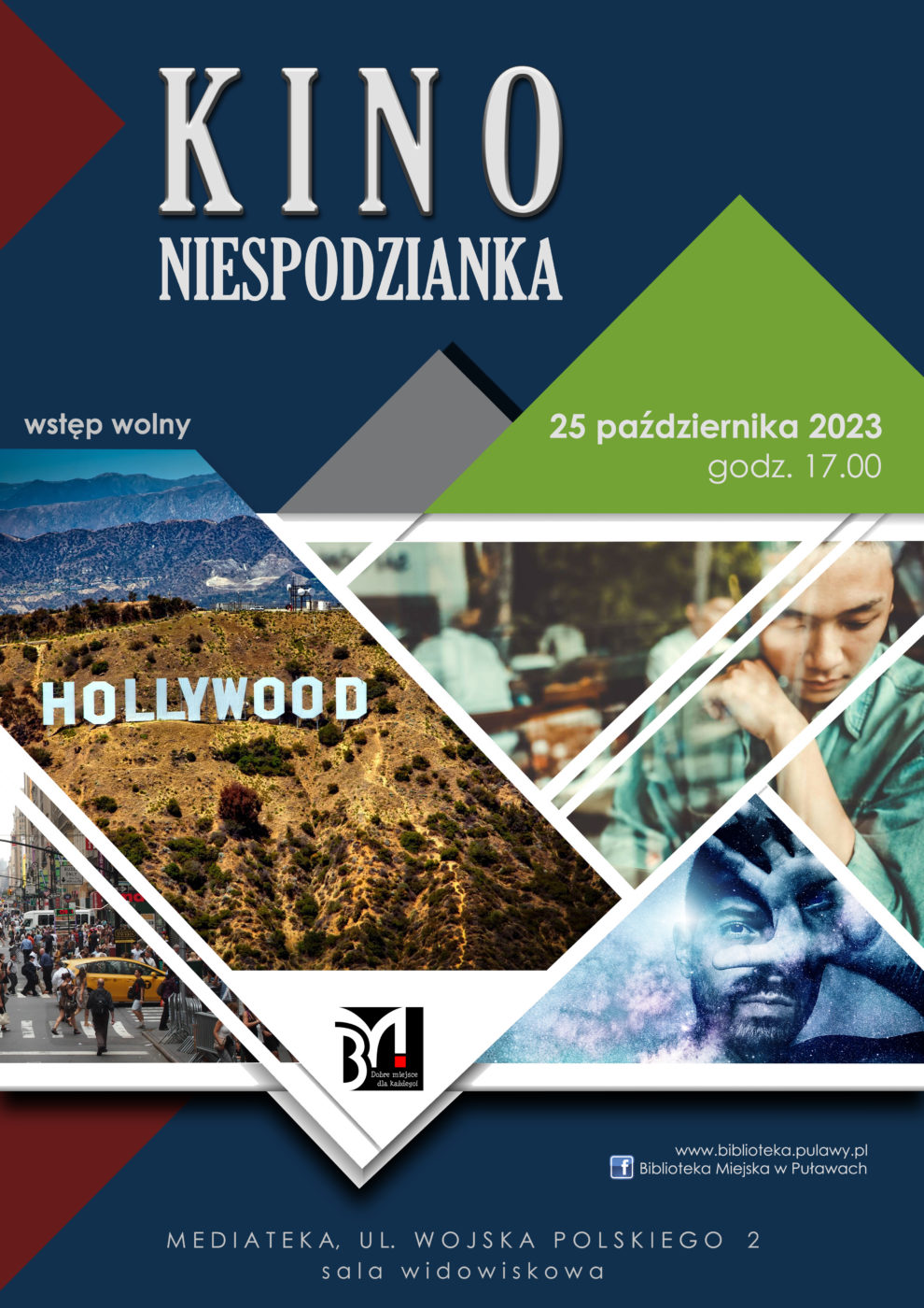 Plakat informacyjny zapraszający na pokaz filmowy dla dorosłych. Tekst: Kino Niespodzianka, 25 października 2023, godz. 17.00, wstęp wolny. Mediateka, ul. Wojska Polskiego 2, sala widowiskowa.