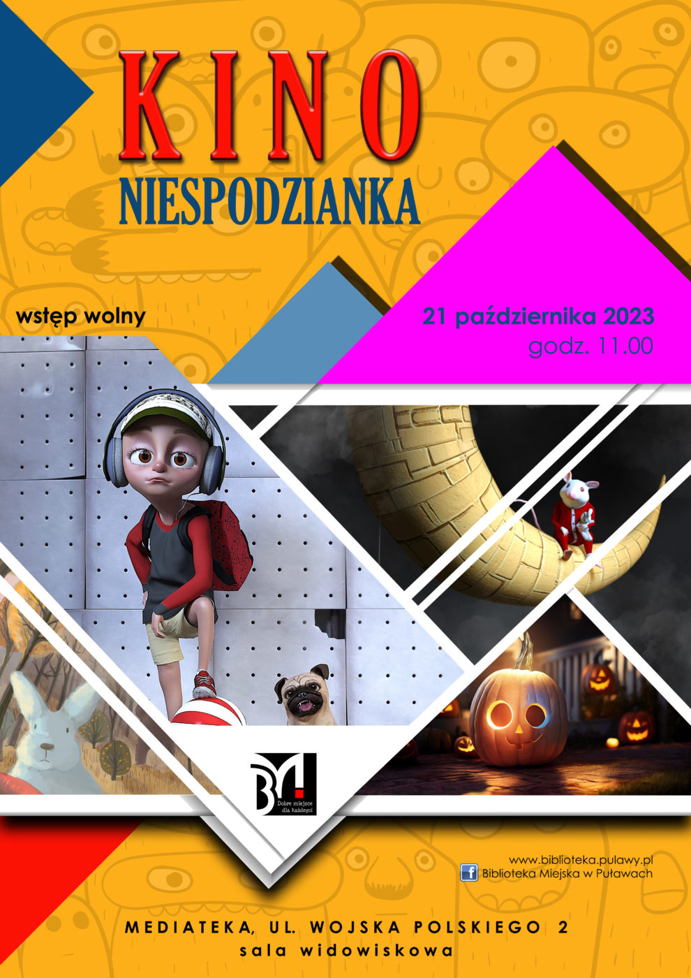 Plakat informacyjny zapraszający na pokaz filmowy. Tekst: Kino Niespodzianka - seans rodzinny, 21 października 2023, godz. 11.00, wstęp wolny. Mediateka, ul. Wojska Polskiego 2, sala widowiskowa.