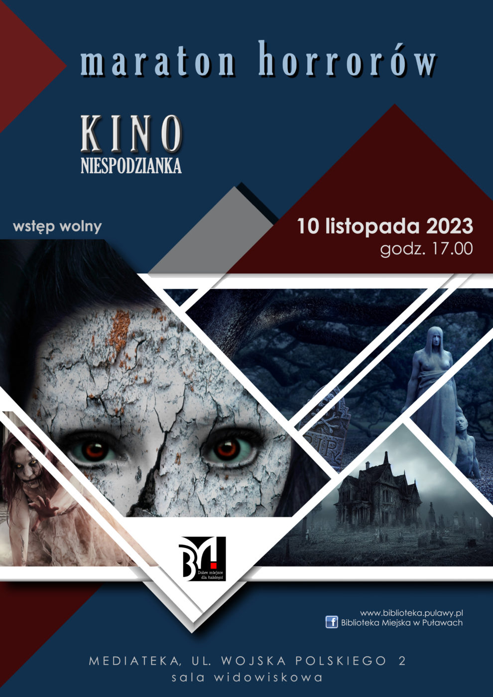 Plakat informacyjny zapraszający na pokaz filmowy. Tekst: Kino Niespodzianka - maraton horrorów, 10 listopada 2023, godz. 17.00, wstęp wolny. Mediateka, ul. Wojska Polskiego 2, sala widowiskowa.