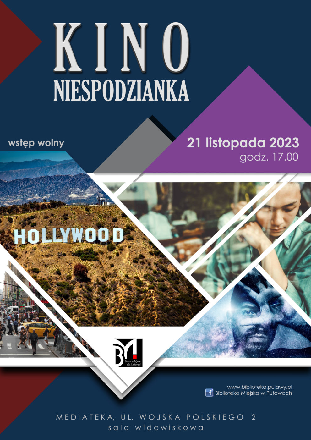 Plakat informacyjny zapraszający na pokaz filmowy. Tekst: Kino Niespodzianka, 21 listopada 2023, godz. 17.00, wstęp wolny. Mediateka, ul. Wojska Polskiego 2, sala widowiskowa.