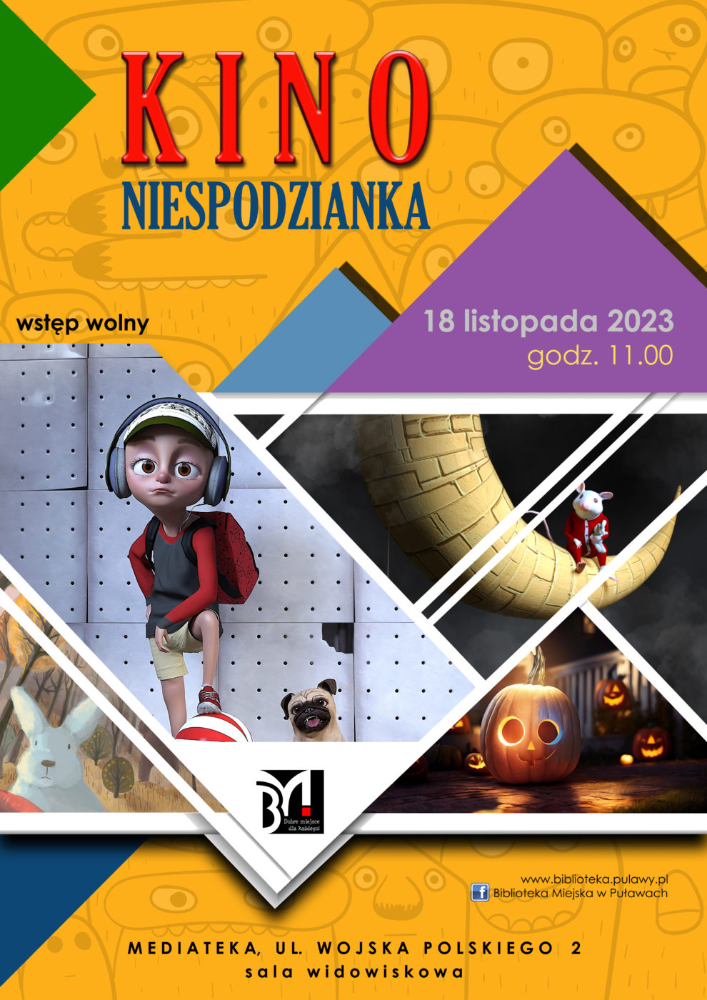 Plakat informacyjny zapraszający na pokaz filmowy. Tekst: Kino Niespodzianka, 18 listopada 2023, godz. 11.00, wstęp wolny. Mediateka, ul. Wojska Polskiego 2, sala widowiskowa.