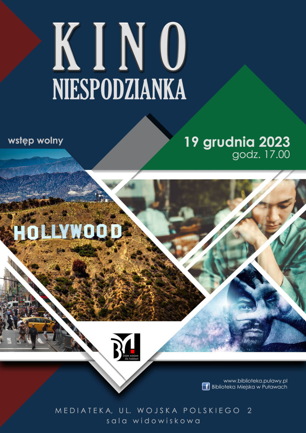 Plakat informacyjny zapraszający na pokaz filmowy dla dorosłych. Tekst: Kino Niespodzianka, 19 grudnia 2023, godz. 17.00, wstęp wolny. Mediateka, ul. Wojska Polskiego 2, sala widowiskowa.