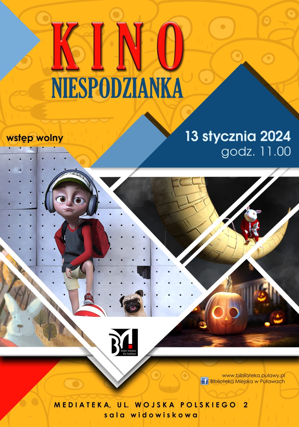 Plakat informacyjny zapraszający na pokaz filmowy. Tekst: Kino Niespodzianka, 13 stycznia 2024, godz. 11.00, wstęp wolny. Mediateka, ul. Wojska Polskiego 2, sala widowiskowa.