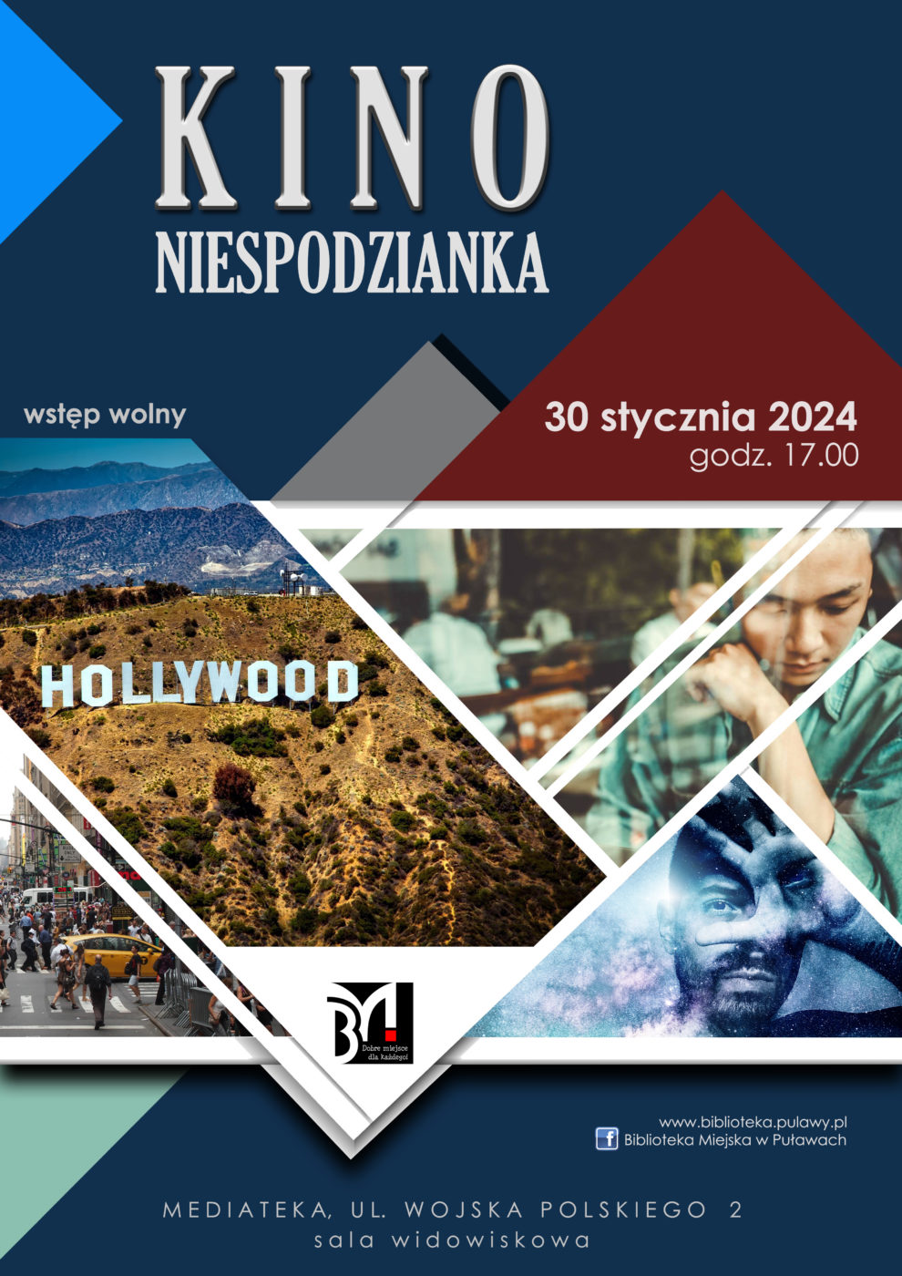 Plakat informujący o wydarzeniu. Kino Niespodzianka. 30 stycznia 2024 r., godz. 17.00. Mediateka, ul. Wojska Polskiego 2, sala widowiskowa