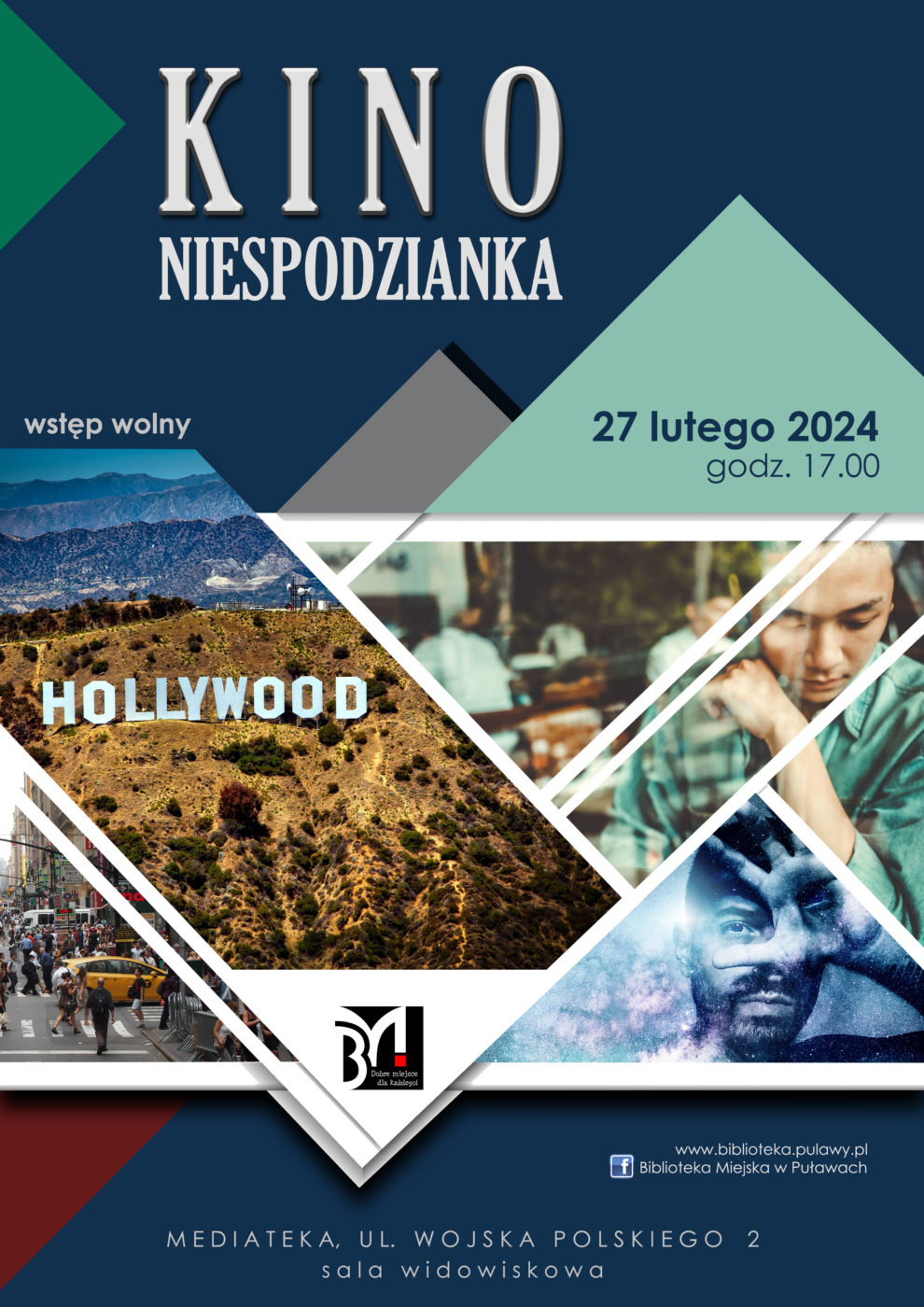 Plakat informujący o wydarzeniu. Kino Niespodzianka. 27 lutego 2024 r., godz. 17.00. Mediateka, ul. Wojska Polskiego 2, sala widowiskowa