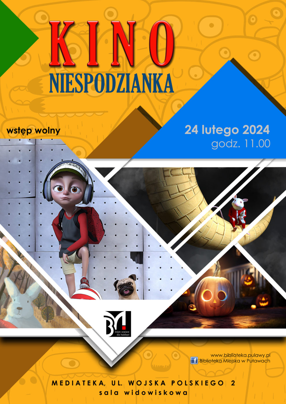 Plakat informujący o wydarzeniu. Kino Niespodzianka - seans rodzinny. 24 lutego 2024, godz. 11.00. Mediateka, ul. Wojska Polskiego 2, sala widowiskowa