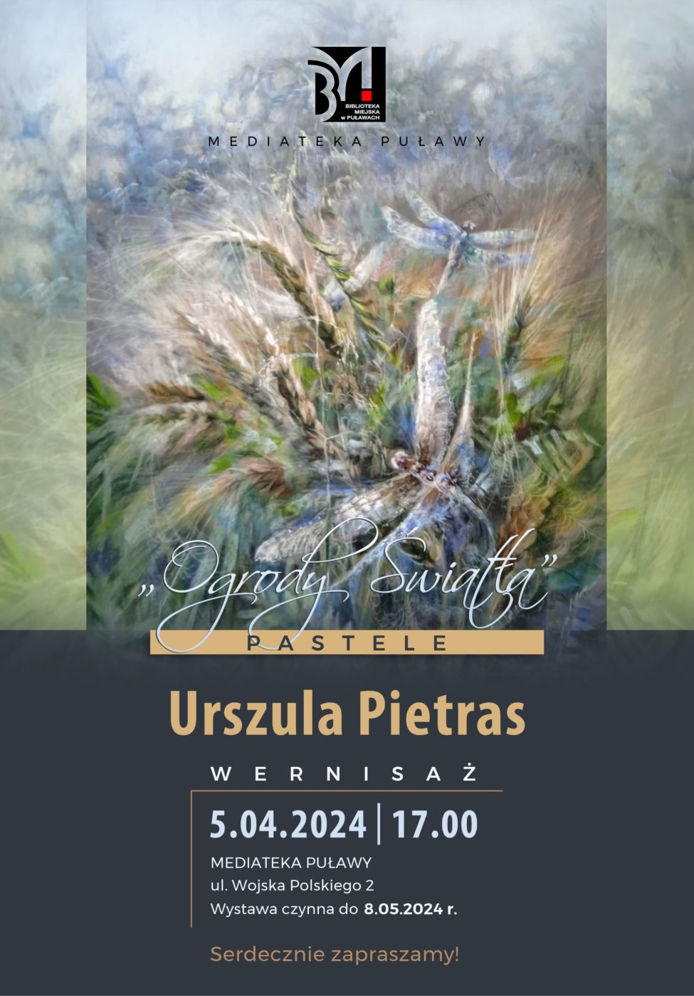 "Ogrody Światła" wernisaż malarstwa pastelowego Urszuli Pietras 5 kwietnia 2024, godz. 17.00. Mediateka, ul. Wojska Polskiego 2. Wystawa czynna do 8 maja 2024 r. Serdecznie zapraszamy! 