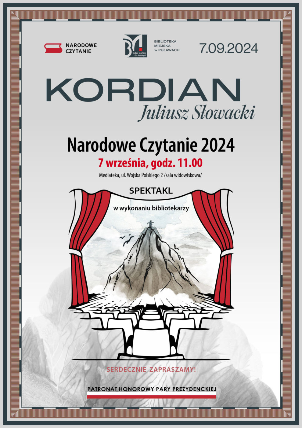 "Kordian" Juliusz Słowacki. Narodowe Czytanie 2024 - spektakl w wykonaniu bibliotekarzy. 7 września, godz. 11.00. Mediateka, ul. Wojska Polskiego 2 /sala widowiskowa/