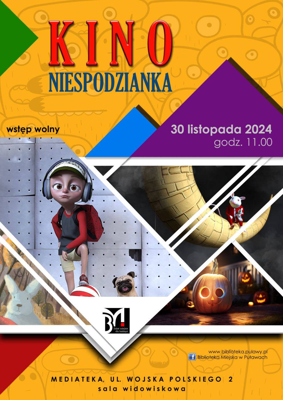 Kino Niespodzianka - seans rodzinny. 30 listopada 2024 r., godz. 11.00. Mediateka, ul. Wojska Polskiego 2, sala widowiskowa.